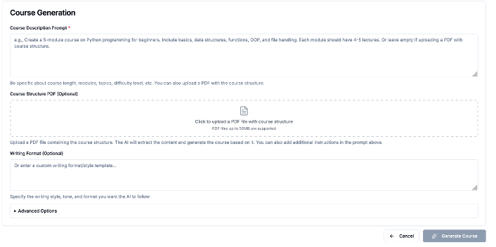 EduDron AI course generation form turning a prompt into a structured course