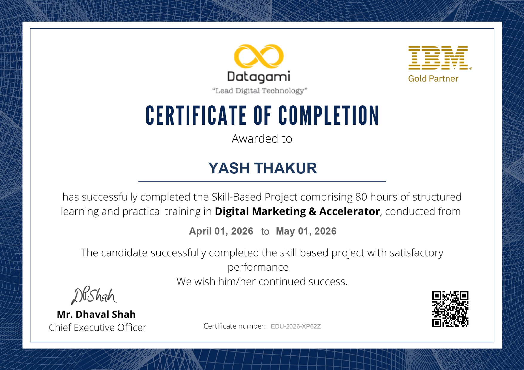 Sample Datagami Certificate of Completion, co-branded with IBM Gold Partner, featuring a verifiable certificate number and QR code