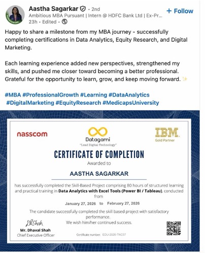 LinkedIn testimonial from Aastha Sagarkar, MBA Student