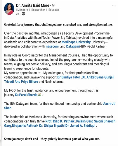 LinkedIn testimonial from Dr. Amrita Baid More, Faculty Coordinator