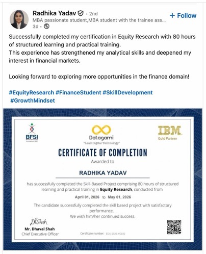 LinkedIn testimonial from Radhika Yadav, MBA Student